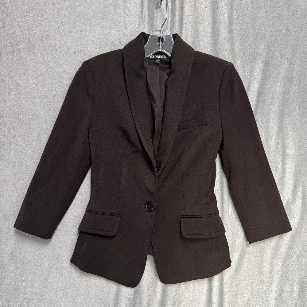 Express Blazer Womens 00 Brown One Button Shawl Collar Lined Work Career Stretch